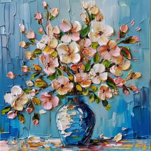 Blue Vase Symphony: Abstract Bloemen Olieverfschilderij foto 1