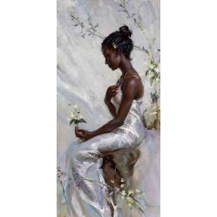Schilderij vrouw met witte bloemen foto 1