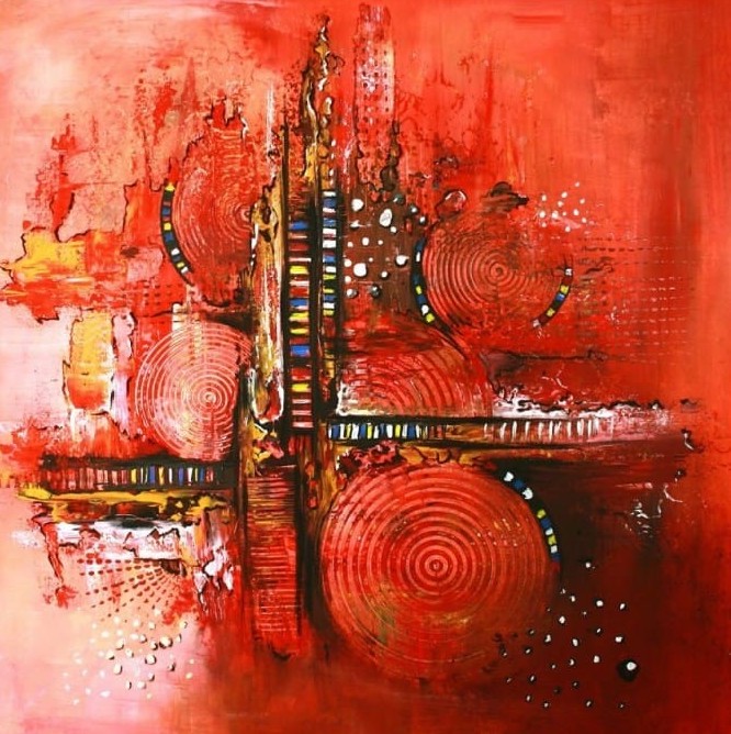 Uil ras Kaal Modern schilderij ronde rode abstractie | Kunst voor in huis