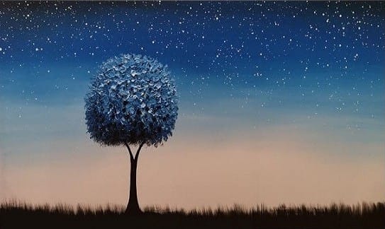informatie Overwinnen Meisje Landschap Schilderij Sterrenhemel met blauwe boom | Kunst voor in huis