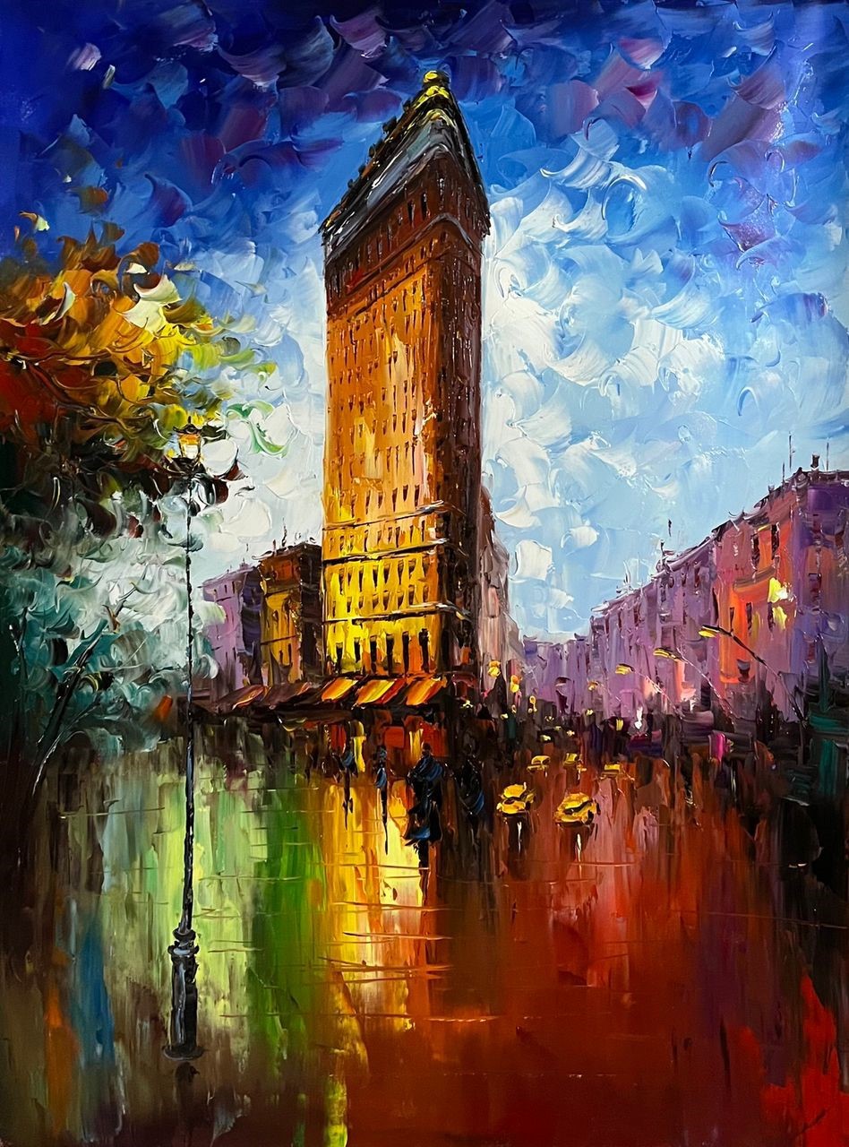 Olieverfschilderij van hoog gebouw foto 1