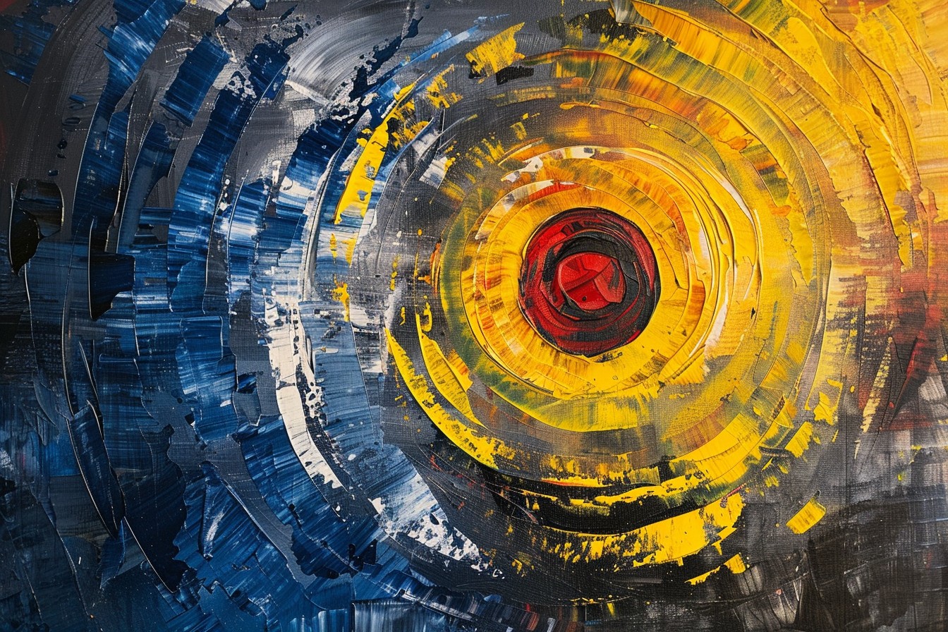 Abstract Modern Olieverfschilderij – Gele Cirkel Energie foto 1