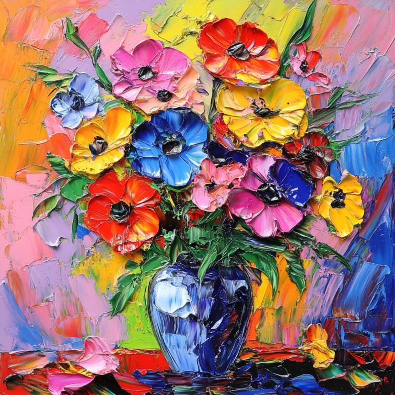 Kleurrijk bloemen schilderij – Abstract met paletmes foto 1