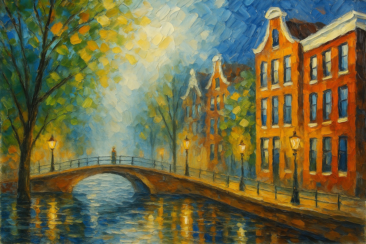 Amsterdam Gracht Schilderij – Handgeschilderd Olieverf Kunstwerk foto 1