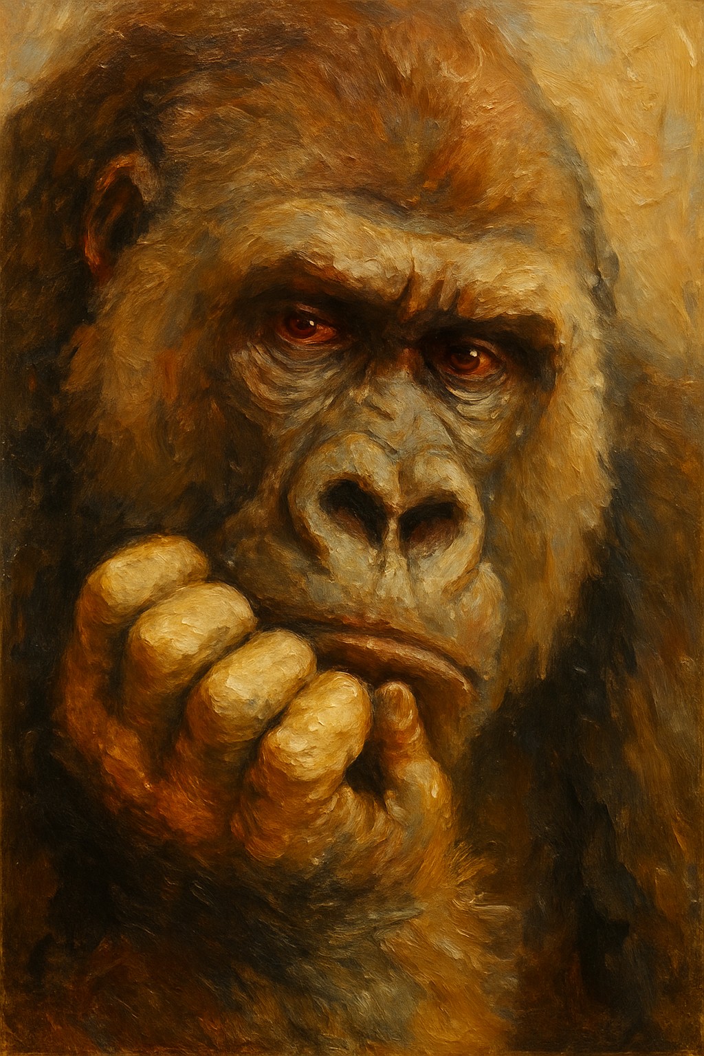 De Denker – Realistisch gorilla schilderij met menselijke expressie foto 1