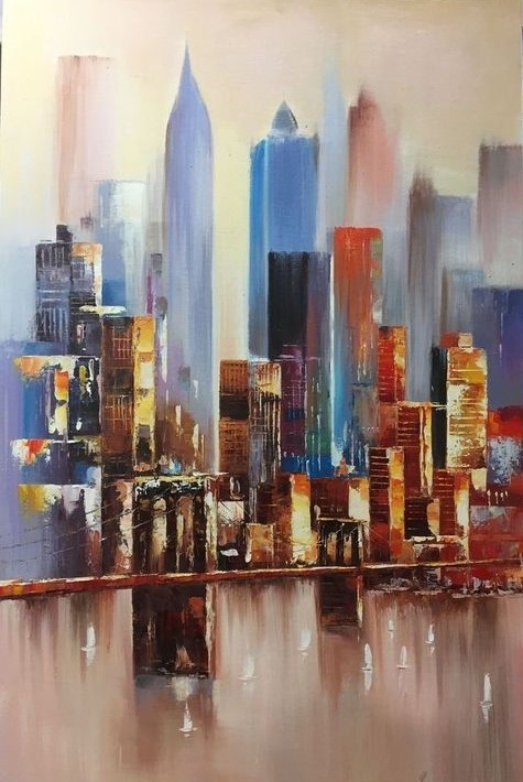 Skyline Reflections – Modern Stedelijk Olieverfschilderij foto 1