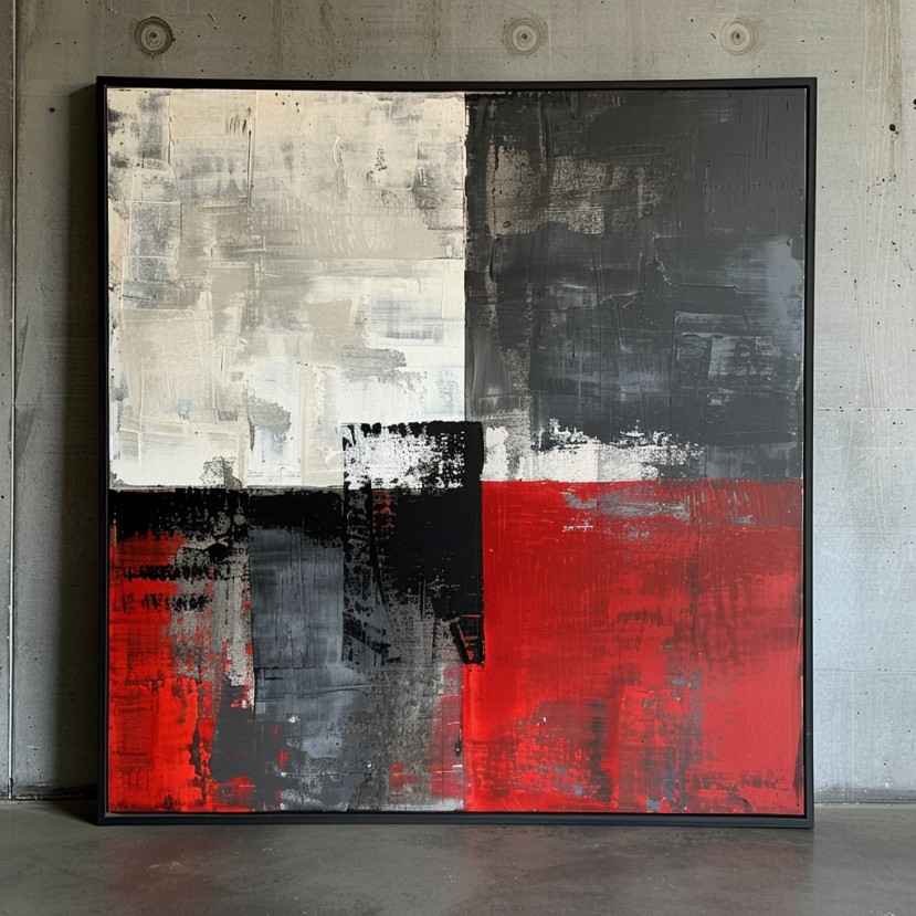 Industriële Stilte – Abstract schilderij rood zwart wit foto 1