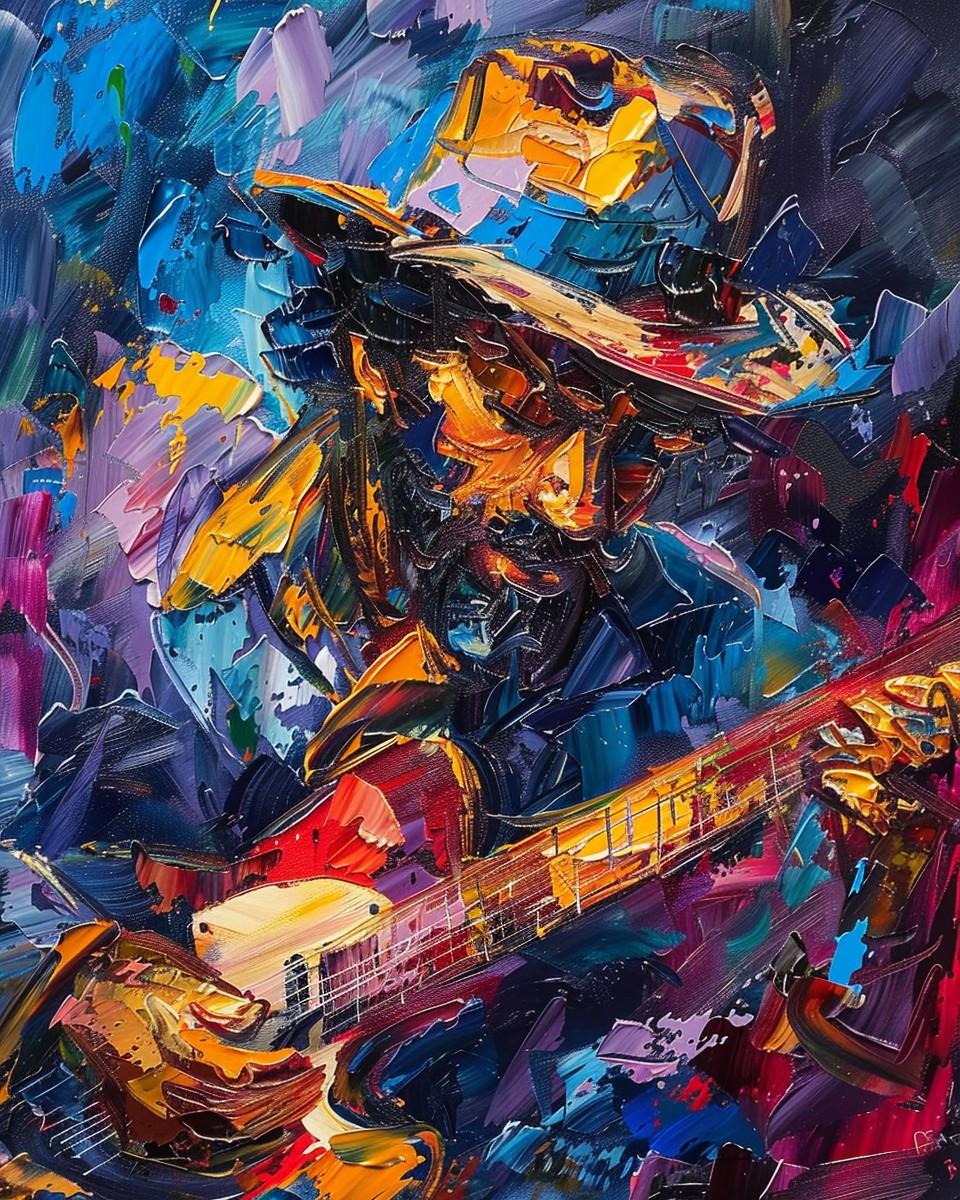 Olieverfschilderij Gitarist – Expressieve Muziekkunst foto 1