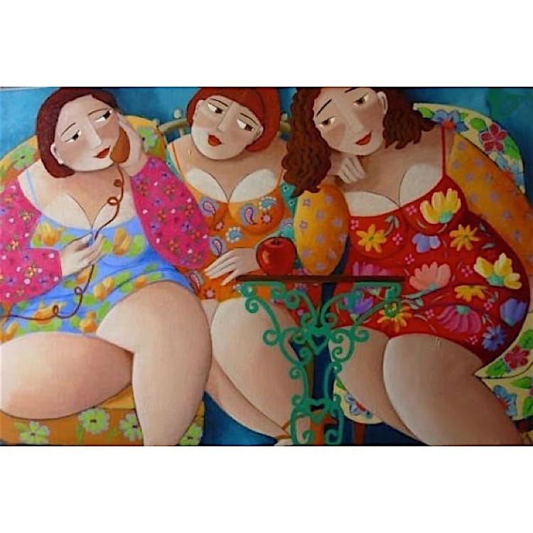 Schilderij drie dikke dames op de bank foto 1