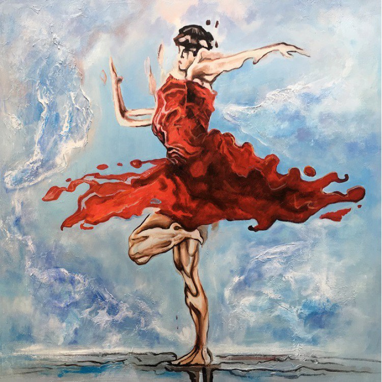 Schilderij dansen in rode jurk foto 3