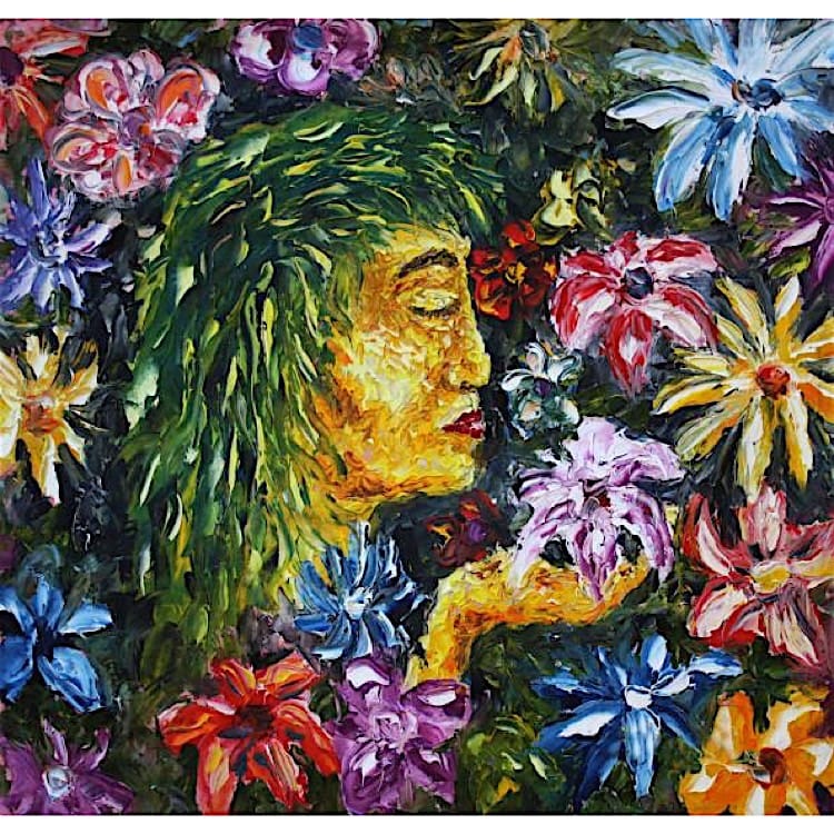 Olieverf schilderij bloemen en vrouw foto 1
