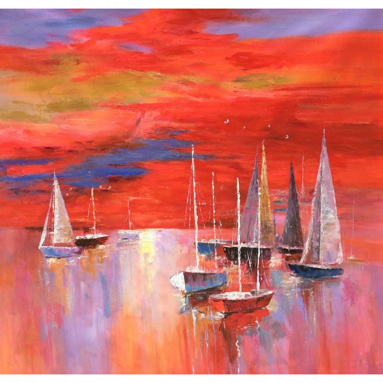 Landschap Schilderij de zeilboten - Te Koop foto 2