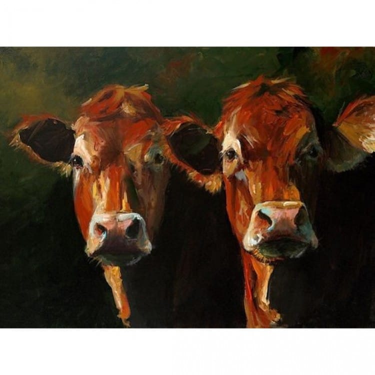 Olieverf Schilderij met Starende rode koeien foto 1