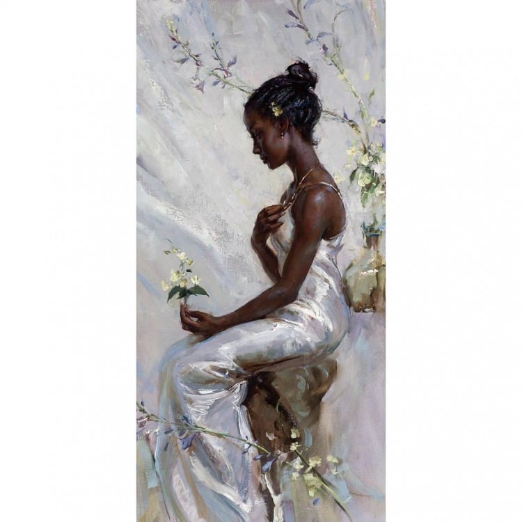 Schilderij vrouw met witte bloemen foto 1