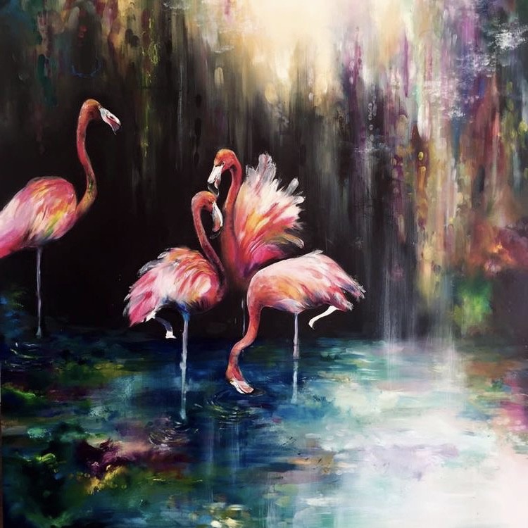 Olieverfschilderij flamingo's foto 1