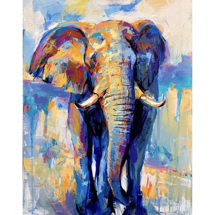 uitdrukking Onheil in stand houden Schilderij olifant met blauwe gele kleuren | Kunst voor in huis