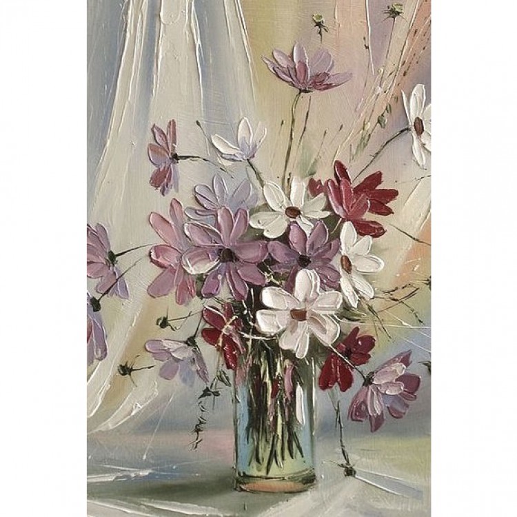 Olieverfschilderij van roze bloemen in een vaas foto 1