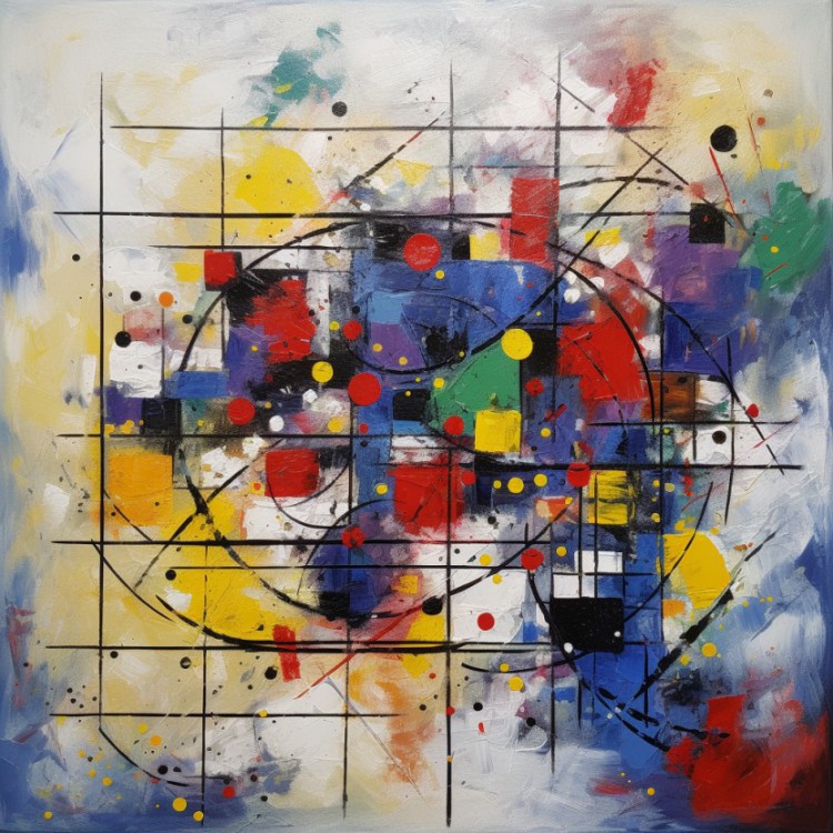 Abstracte Synergie: Modern Olieverf Schilderij Geïnspireerd door Kandinsky, Miro, Mondriaan en Pollock foto 1