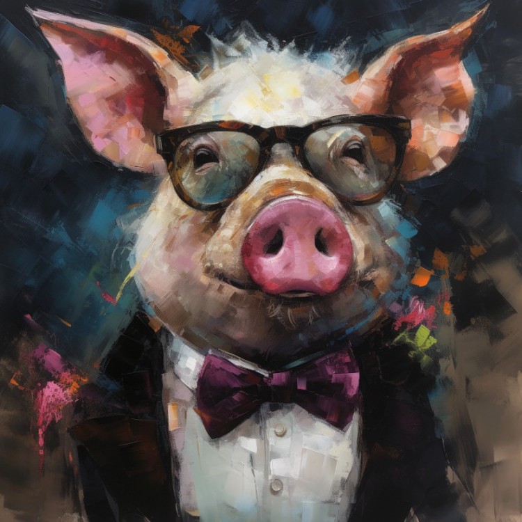 Swine Genius: Popart Schilderij van een Varken met Bril foto 1
