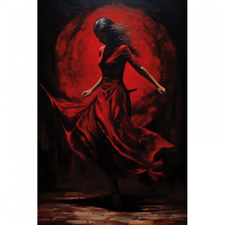 Rode Roes: Schilderij van een Dansende Vrouw in Rode Jurk foto 1