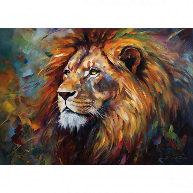 Kleurrijke Koning: Olieverf Leeuw in Frisse Kleuren foto 1
