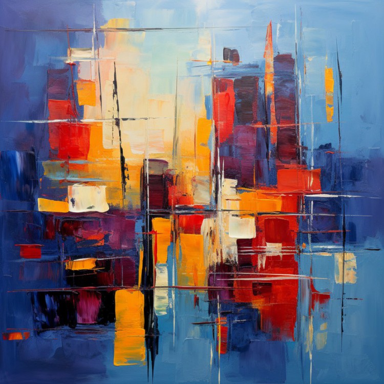 Kubistische Dageraad: Abstracte Kunst in Rood, Blauw, Geel foto 1