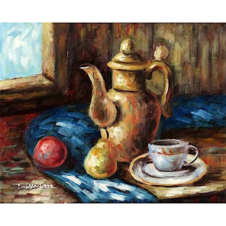 Olieverfschilderij Koffie Tafel met Fruit foto 1