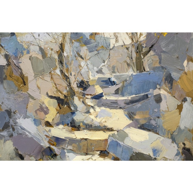 Grijs abstract olieverfschilderij kopen | Modern landschap op canvas foto 1