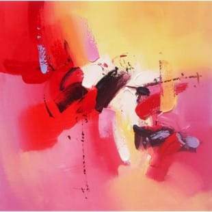 Schilderij abstract roze rood geel foto 1