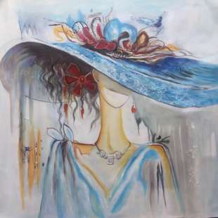 Schilderij vrouw met blauwe hoed - Kopen foto 3