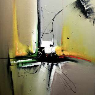Schilderij zwart geel groen abstract - te koop foto 1