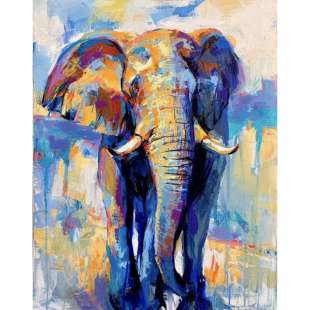 Schilderij olifant met blauwe gele kleuren foto 1