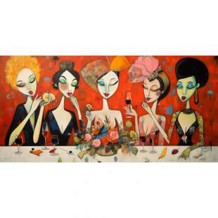 Vijf Vrouwen aan Tafel: Olieverf Schilderij foto 1