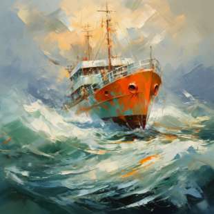 Stormachtige Overtocht: Schip in Woeste Zee Olieverf foto 1