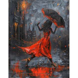 Rode Dans onder Grijze Hemel: Vrouw met Paraplu Kunstwerk foto 1