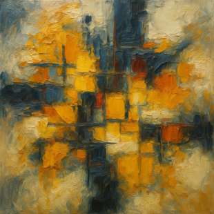 Abstract Olieverfschilderij Geel & Blauw – Handgeschilderd foto 1