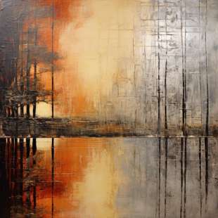 Abstract olieverf schilderij met reflectie – Zonsondergang & bomen foto 1