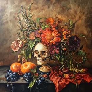 Klassiek stilleven schilderij met schedel en bloemen foto 1