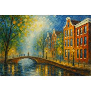 Amsterdam Gracht Schilderij – Handgeschilderd Olieverf Kunstwerk foto 1