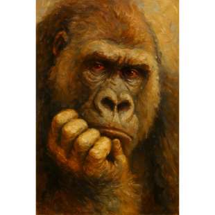 De Denker – Realistisch gorilla schilderij met menselijke expressie foto 1