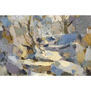 Grijs abstract olieverfschilderij kopen | Modern landschap op canvas foto 1